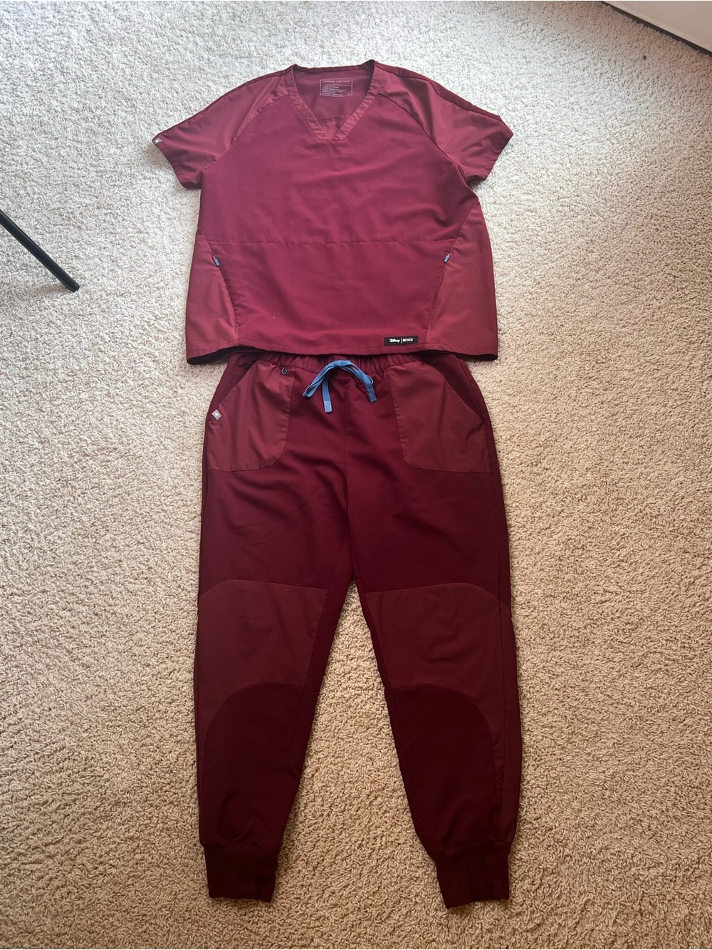 Disney FIGS Maroon Jogger Scrub Set with Blue Drawstring XL Top/L bottoms
